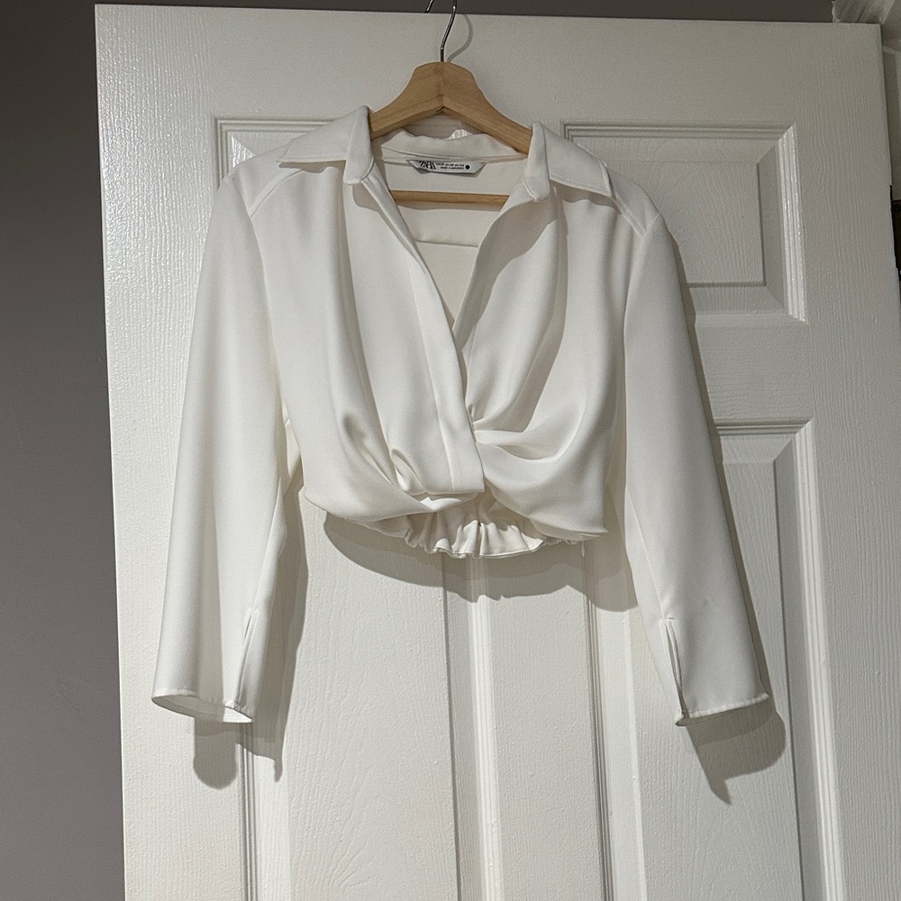 Zara Cream Twisted Front Collared Blouse